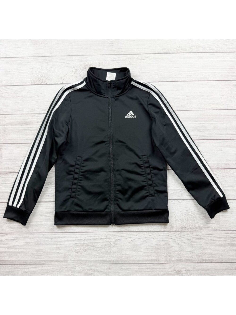 Adidas Kids Black Track Jacket Zip Up Striped Logo L 10-12